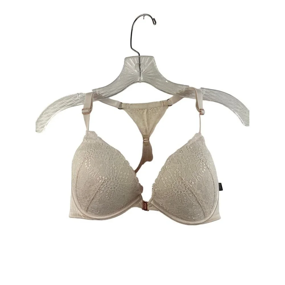 *PINK Victoria Secret Date Push Up Bra Ivory Lace Underwire Front Closure 34DD